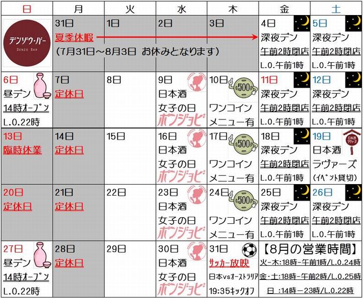 デンゾウ バー デンゾウ カレンダー 2017年8月